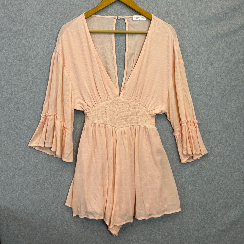 Vestique Size Small Romper Peach Smocked Waist Shorts Bell Sleeve Festival Prep